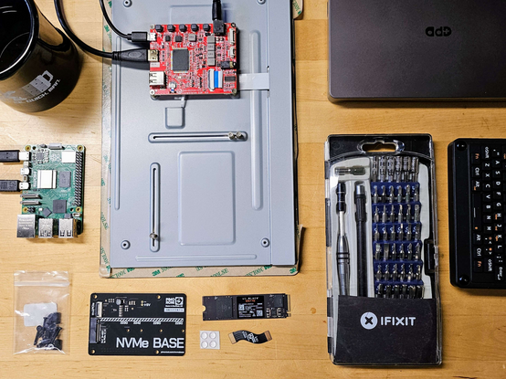 Various Raspberry Pi accessories arranged in what hopefully passes for a reasonably aesthetically pleasing layout...