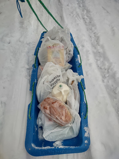 Photo: A blue plastic sled in the snow, filled with white plastic bags of groceries. There is a gallon of milk and a braided challah visible.