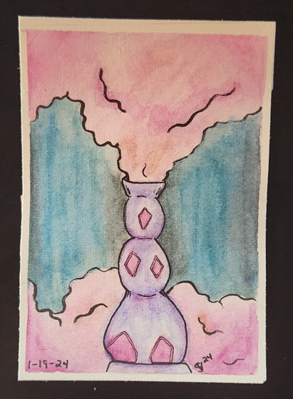 Watercolor painting of a genie leaving a decorative vase in a swirl of pink clouds.