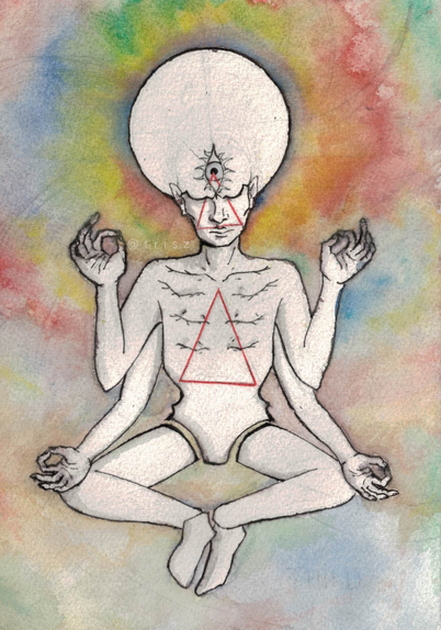 A traditional painting. A pale humanish figure sits in a meditative pose in front of a swirling, colorful backdrop. It has four arms, and what seems to be eight closed eyes on it's chest. A big eye sits atop the empty head-half, staring at the viewer, knowing.