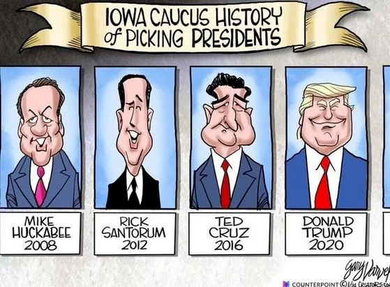 The republican nominees for POTUS in the Iowa Caucuses that all lost:

2008 - Huckabee
2012 - Santorum
2016- Ted Cruz
2020- Trump
