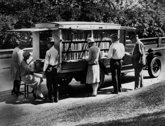 The Public library of Cincinnati’s first bookmobile, circa 1927.