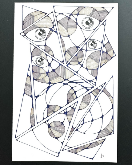 Neurographic portrait in shattered glass motif.