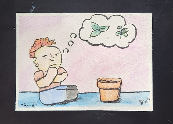 Watercolor painting of a mohawked man thinking about which herbs to plant.