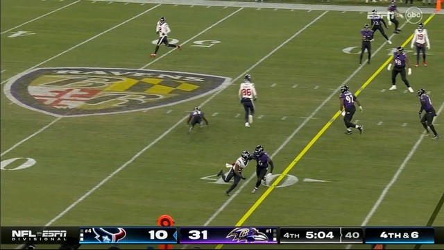 American football game in progress with players from two teams on the field and the score visible on the broadcast overlay. You gotta catch that ball Schultz. 