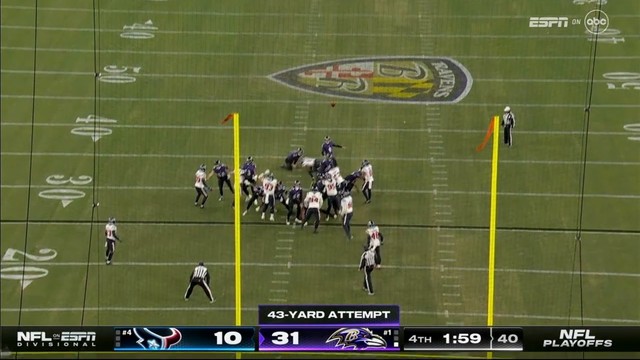 An American football game in progress with a Justin Tucker attempting a 43-yard field goal. The scoreboard indicates it's the fourth quarter with the home team leading 31-10.
