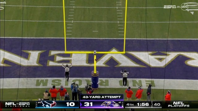 A view of a football field goal attempt with referees signaling the kick is good, displaying the game score and time remaining in the bottom overlay during an NFL playoff game.