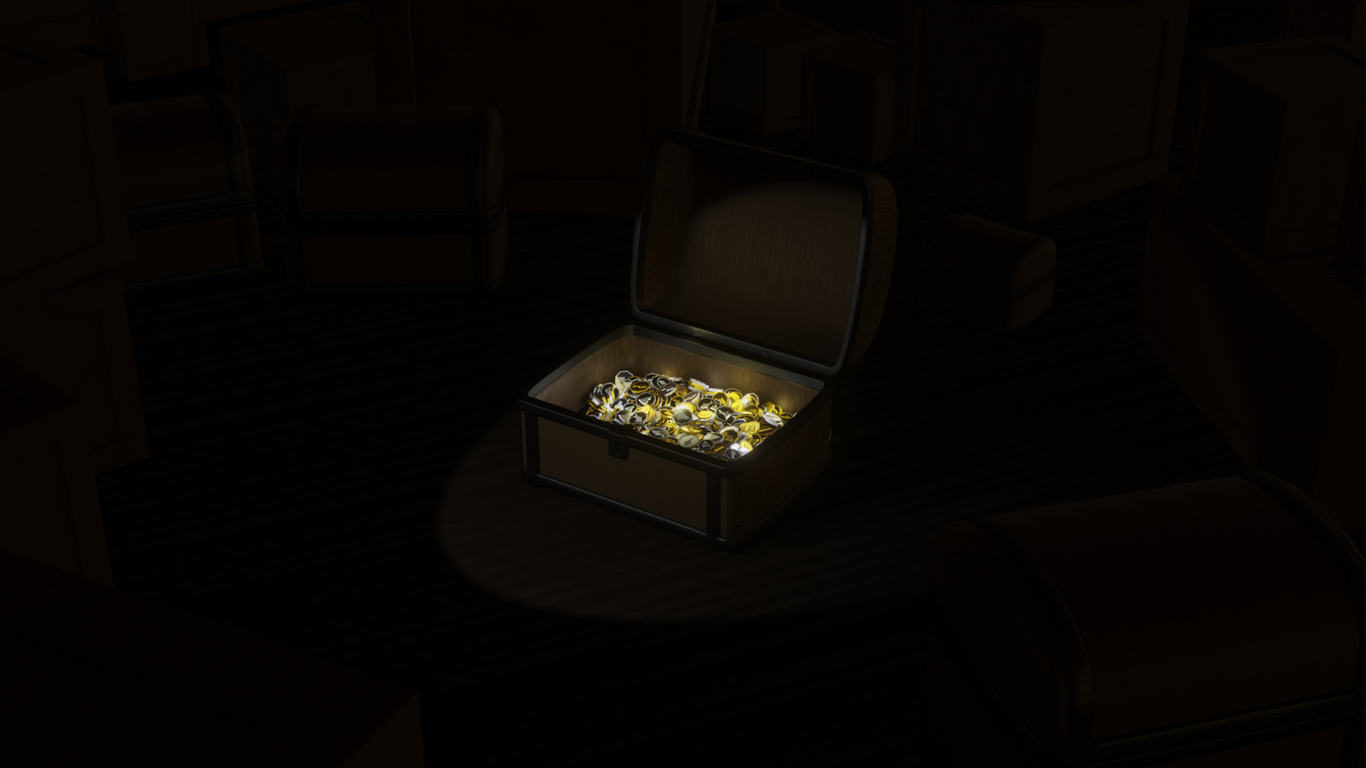 Shining coins reflect light in a wooden chest, lit by a spotlight in a dimly lit room filled with other crates and chests