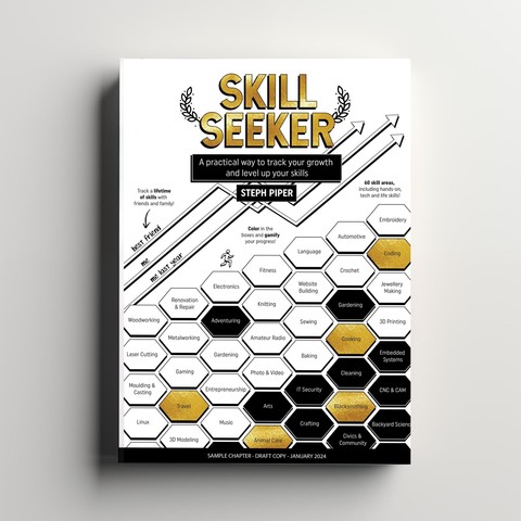 A mock up of 'Skill Seeker' a book featuring a huge range of skill trees to gamify learning. Colour in the tiles, level up your skills and tally up your points to calculate your life XP score.