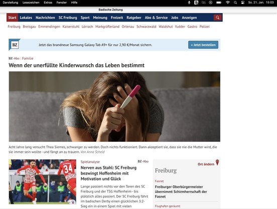 Screenshot der Homepage der Badischen Zeitung am 21.01.2024 um 15.03 Uhr