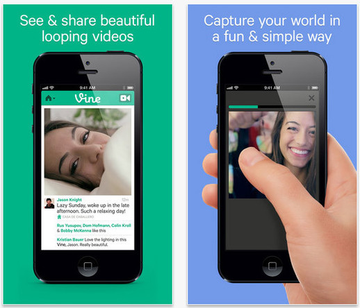 Vine, developed by Vine Labs, Inc. / Dom Hofmann/ Rus Yusupov/ Colin Kroll (circa 2013)

Home Screen and creation screen
“See & share beautiful looping videos”
“Capture your world in a fun and simple way”