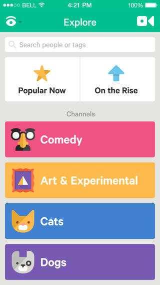 Vine, developed by Vine Labs, Inc. / Dom Hofmann/ Rus Yusupov/ Colin Kroll (circa 2013)

Explore screen

Popular now
On the rise
Comedy
Arts & Experimental
Cats
Dogs