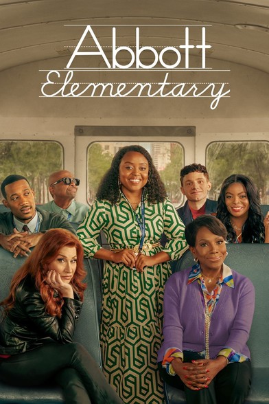 Promotional poster for Abbott Elementary. It shows 7 cast members at the interior back of the school bus. Back row: Tyler James Williams as Gregory Eddie; William Stanford Davis as Mr. Johnson; Quinta Brunson as Janine Teagues (standing, smiling warmly); Chris Perfetti as Jacob Hill; and Janelle James as Ava Coleman. Front row: Lisa Ann Walter as Melissa Schemmenti; and Sheryl Lee Ralph as Barbara Howard.

The title appears at top, stylized as an aid to learning to write letters (Abbott in mixed case, Elementary in cursive)