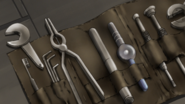 A variety of different tools in a rollable leather type pouch