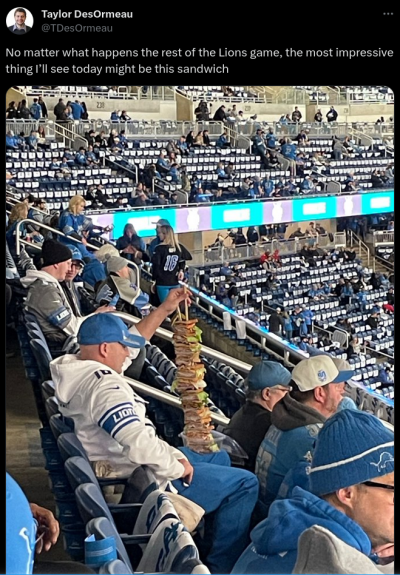 via @TDesOrmeau@twitter.com:

No matter what happens the rest of the Lions game, the most impressive thing I'll see today might be this sandwich