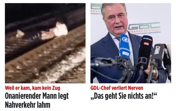 BU links: Weil E‘er kam, kam kein Zug. onarnierender Mann legt Nahverkehr lahm. BU rechts: GDL-Chef verliert Nerven. „Das geht sie nichts an!“