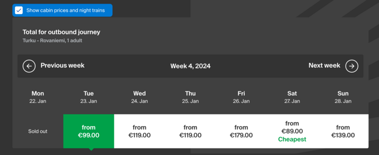 Screenshot der finnischen Bahn Website, Preiskalender für Turku–Rovaniemi