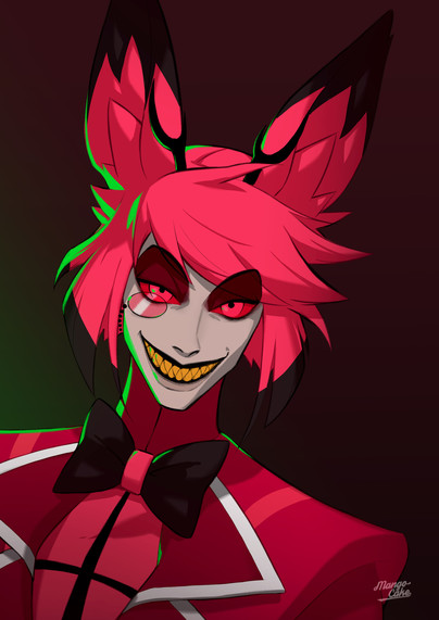 Alastor from the animated series Hazbin Hotel staring and grinning at the viewer