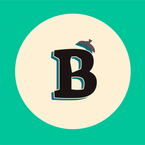 Logo de Bellotipo. Sobre un fondo verde turquesa aparce un círculo amarillo pastel sobre el que aparece una letra B mayúscula negra y un mangurrio marrón sobre ella. La letra B está modificada en su interior de modo que parece que tiene la parte de abajo de la bellota saliendo en negativo de su contraforma de arriba. Tanto la B como el mangurrio tienen una sombra proyectada en turquesa hacia abajo a la izquierda.