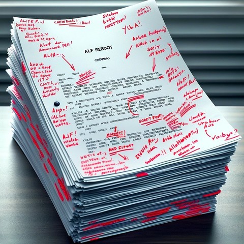 Here are the images showing a realistic photo of a typed stack of script pages for "Alf Reboot," written by Chewbucko, with red ink notes from Yuba. The stack of paper is captured with visible typed text and marked with red ink annotations, set on a desk, conveying the creative process of scriptwriting.
