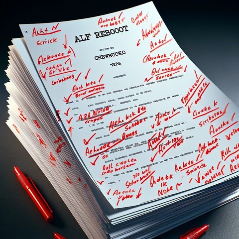 Here are the images showing a realistic photo of a typed stack of script pages for "Alf Reboot," written by Chewbucko, with red ink notes from Yuba. The stack of paper is captured with visible typed text and marked with red ink annotations, set on a desk, conveying the creative process of scriptwriting.