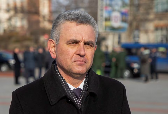 Head of Transdniestria Vadim Krasnoselsky takes part in a ceremony marking the Defender of the Fatherland Day in Tiraspol, Moldova's breakaway region of Transdniestria