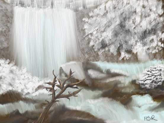 A digital oil painting depicting a waterfall pouring into a frozen creek with many large stones. There is a large ice-covered tree and a smaller ice-covered shrub to the right of the waterfall. There is a large chunk of frozen fall at the bottom of the waterfall expanding out to the left. A large dead tree lays across the center of the creek. A forest is visible above the waterfall. 