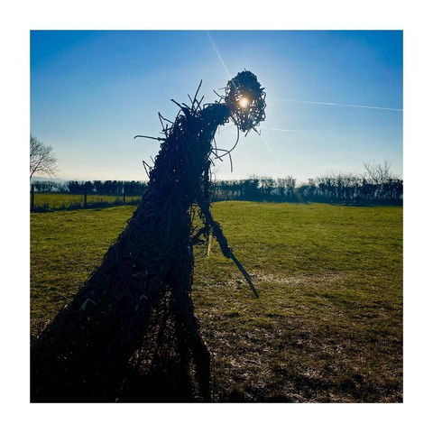 A “witch” sculpted from wicker, standing at The Rollrights stone circle. The sky is clear and the sun low in the sky. The viewpoint silhouettes the sculpture against the sun.