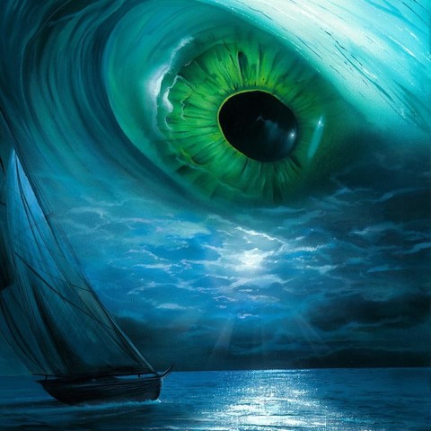 Pointing of the ocean in darkness, the sea lit only by a weak full moon, a beam reflecting on the surface. A small sailboat edging away from the huge, all encompassing cloud.
In the center, the eye of the storm, consisting of a fiercely looking green eye.

Source:
 https://i.pinimg.com/originals/60/9b/2f/609b2f04d29ce9df84d26518320d4e39.jpg