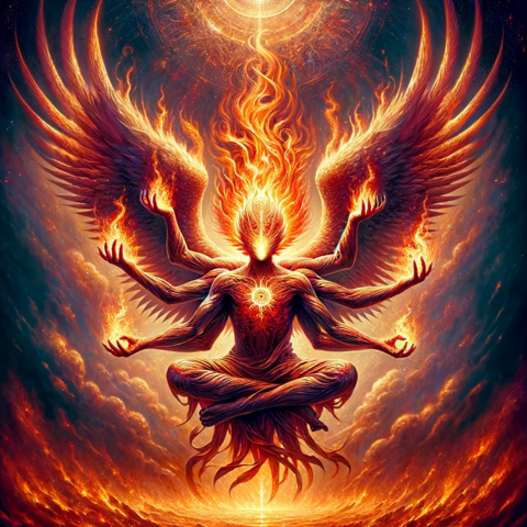 The image depicts a fantastical, fiery creature that appears to be a blend of human and avian elements. At the center is a humanoid figure, seated in a traditional meditative pose with legs crossed. This figure serves as the anchor of the composition.

The creature has 2 wings and 6 arms radiating outward, suggesting a powerful, dynamic energy. The wings arc gracefully upwards and outwards, framing the creature's head, which is bowed forward in a humble gesture. These wings are ablaze, with flames licking the edges and trailing off into the surrounding space, implying a divine or otherworldly energy. The 6 hands each have a fire in the palm.

At the center of the figure's chest is a bright, glowing emblem, reminiscent of a sun or a spiritual symbol, radiating lines of light that contribute to the overall luminosity of the being.

The background suggests a cosmic or ethereal realm, with swirling colors of deep reds, oranges, and hints of yellow, giving the impression of a nebula or a fiery sky. This backdrop serves to amplify the sense of the creature being in a state of fiery transcendence or enlightenment.