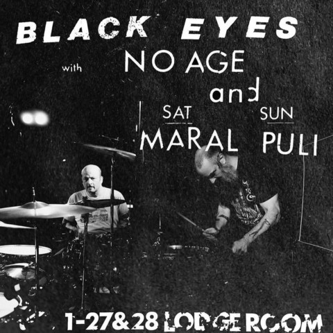 Show poster for the band Black Eyes featuring a black and white photo of 2 of the band members, both playing drums and percussion.