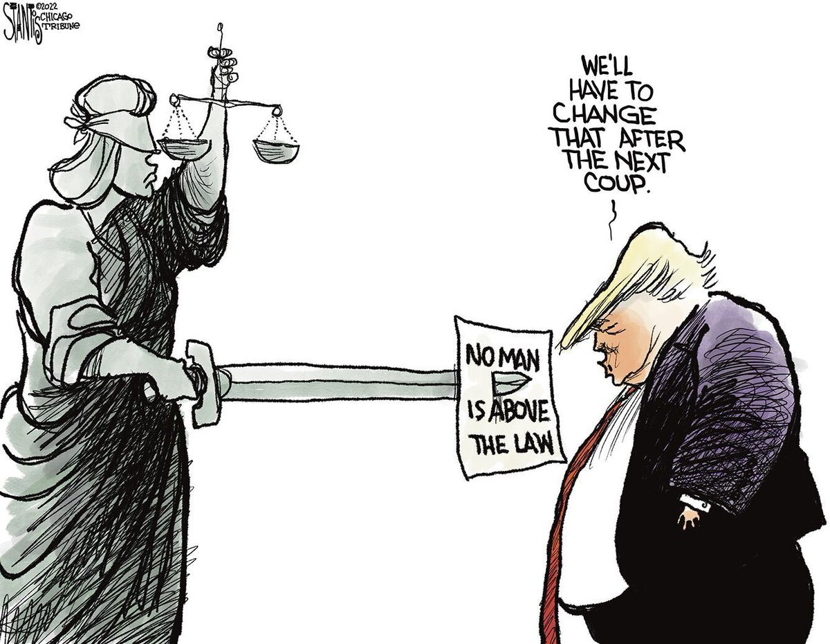 The blind folded Lady of Justice holds up her balance scale and points her sword at the face of a fat Trump, it has its A4 which reads [NO MAN IS ABOVE THE LAW]. Trump comments:<br>WE'LL HAVE TO CHANGE THAT AFTER THE NEXT COUP.