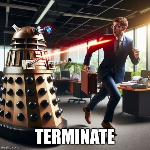 A Dalek shooting an escaping office employee with an energy weapon. Terminate!