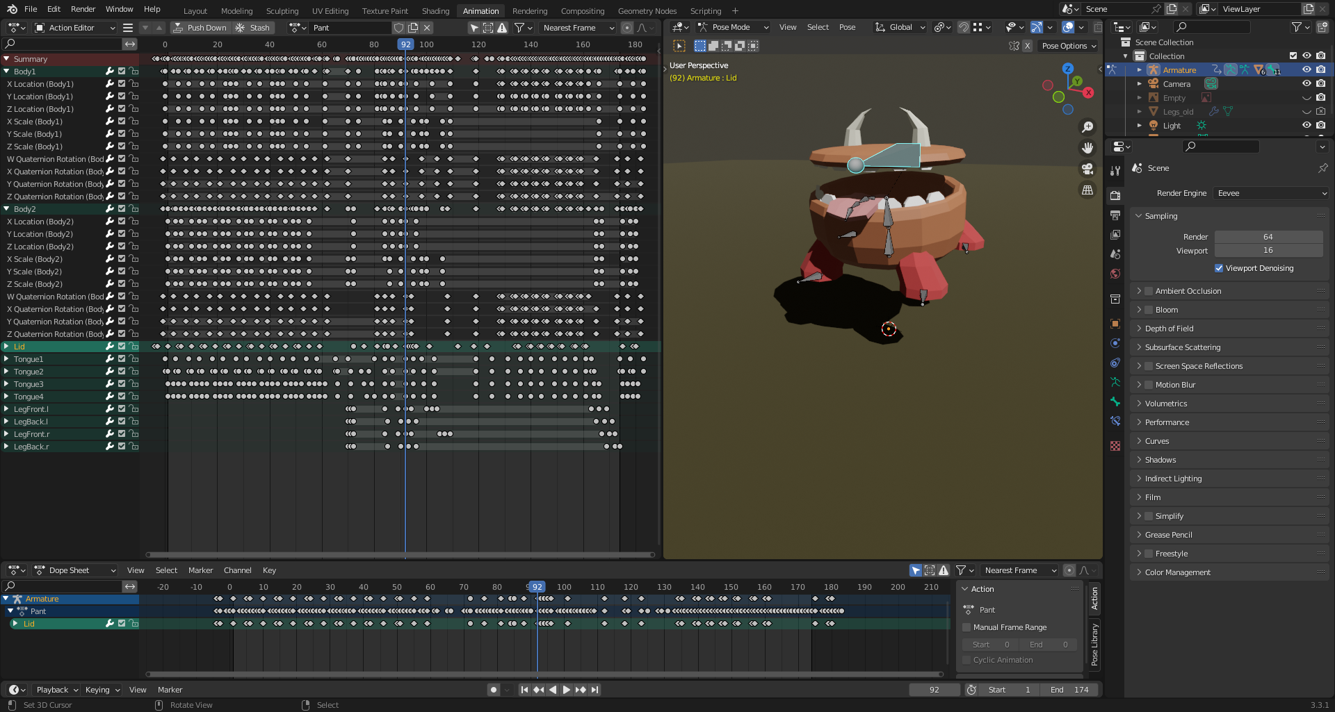 A screenshot of the action editor for the animation in the previous toot. Different patterns can between across the three phases - panting, jumping, and shaking.