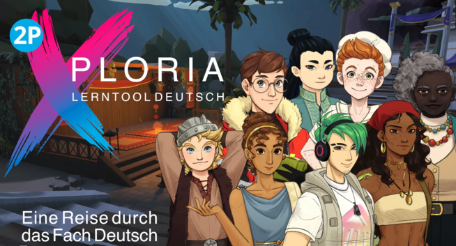 Screenshot des Lerntools Deutsch, Illustration multinationaler Gruppe junger Menschen