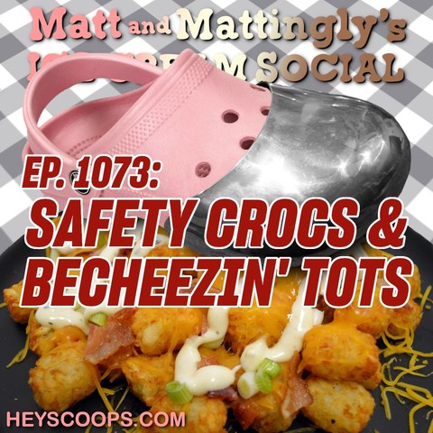 In the foreground, there's a dish containing what appears to be tater tots covered with melted cheese, garnished with green onion slices and bits of bacon. This likely corresponds to the "BECHEEZIN' TOTS" mentioned in the title.
Behind the dish, prominently displayed, is a single pink Croc shoe, representing the "SAFETY CROCS." This is set against what looks like a silver metal background, possibly suggesting a kitchen or industrial setting.
The text is bold and varied in size, with the episode number at the top in yellow and the rest of the title in larger red and white text for emphasis. The website "HEYSCOOPS.COM" is advertised at the bottom in a smaller white font.
The image is attention-grabbing and whimsical, combining elements of food with the unexpected inclusion of footwear to create a visual pun that relates to the podcast episode's content.