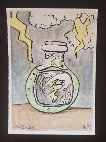Watercolor painting of a potion with the ability to steal someone's thunder and lightning.