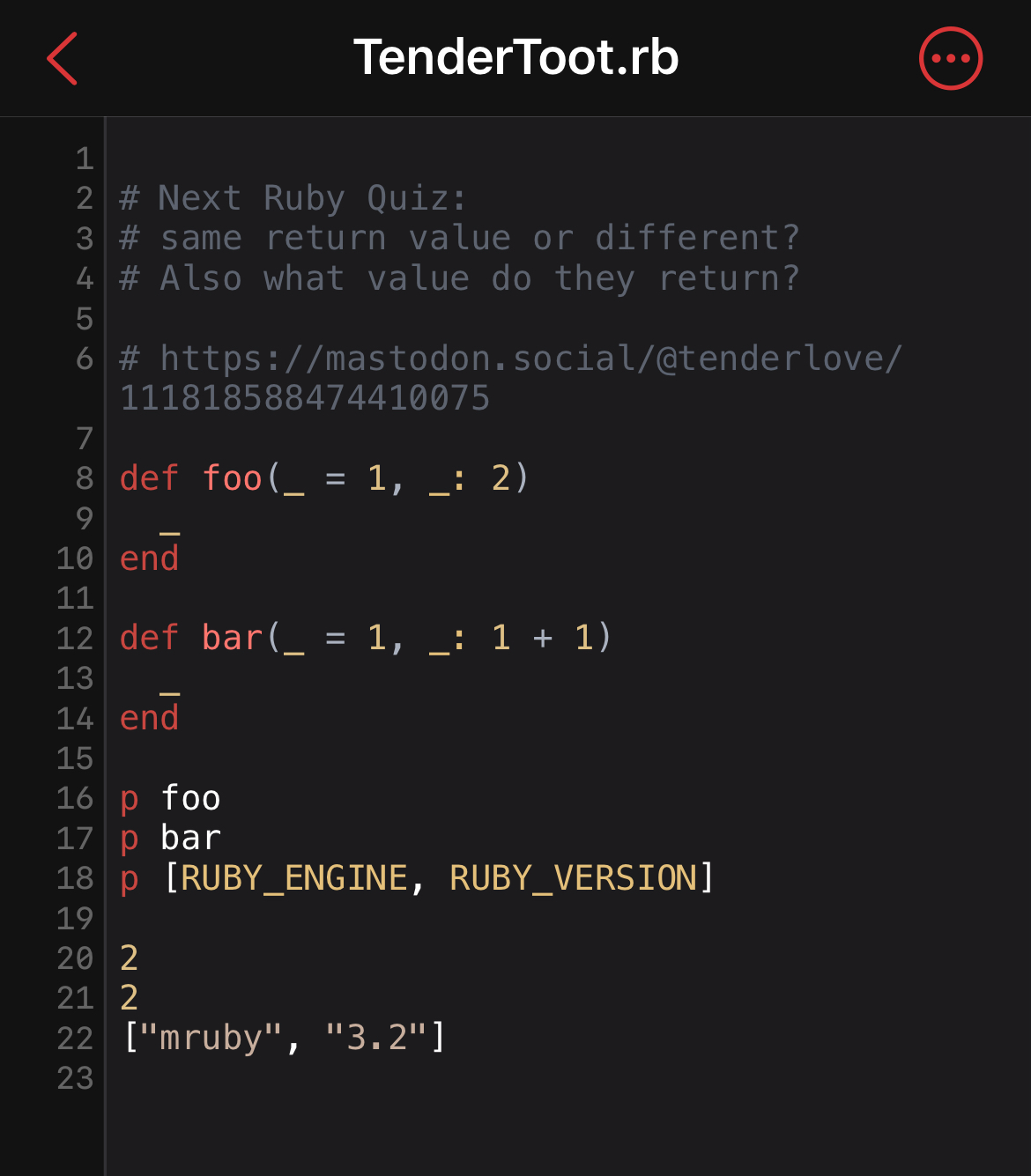 Screenshot of code quiz execution via Rubyist app on iOS 