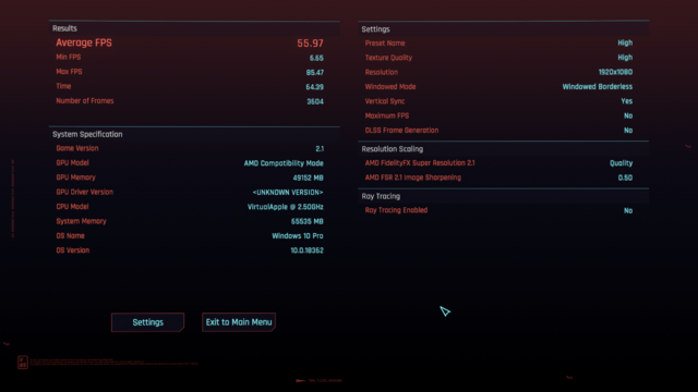 Benchmark result showing 56 average fps before the update to Phantom Liberty and macOS 14.3.