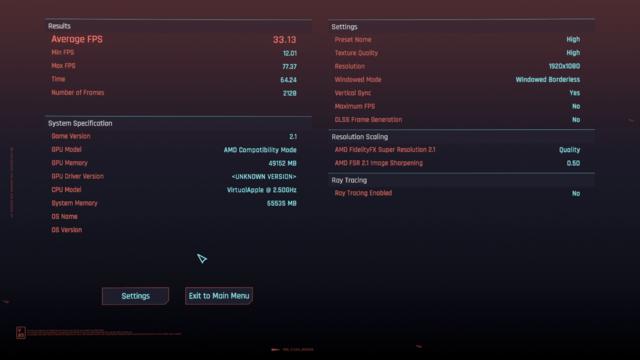 Benchmark result showing 33 average fps after the update to Phantom Liberty and macOS 14.3.