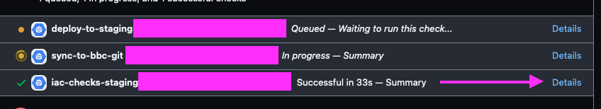 Screenshot of the GitHub build jobs panel which contains the "details" page link mentioned in the post