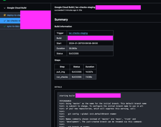 Screenshot of the GitHub details page which shows the Cloud Build logs