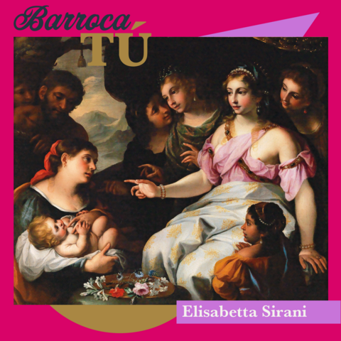 Dentro de un cuadrado fucsia, aparecen un triángulo morado sobre un círculo dorado. En la parte superior izquierda del cuadrado de se lee "Barroca TÚ", mientras que en la esquina inferior derecha, enmarcado por un rectángulo morado, leemos el nombre de la artista (Elisabetta Sirani). En el centro de la imagen, vemos el cuadro "Moisés salvado de las aguas" (imagen en la que está una doncella sujetando a un bebé en la parte inferior izquierda del cuadro, enseñándoselo a la mujer del faraón que se encuentra en la parte derecha del cuadro, mientras diverses sirvientes y doncellas se arremolinan alrededor). 