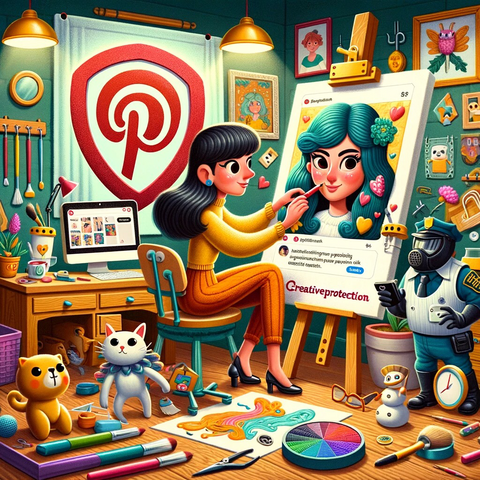 The image depicts a colorful and imaginative art studio scene. In the center, a female character is humorously adding an oversized signature to her artwork, symbolizing her efforts to protect her creative work. The studio is filled with playful security measures, such as a cartoonish lock on a canvas and a tiny guard figurine standing by her art supplies.  On one side of the studio, there's a computer screen displaying a Pinterest page with a makeup tutorial video, showing that it has been saved six times. The woman looks at the screen with a curious and amused expression, as she ponders engaging with her audience.  Adding to the lighthearted nature of the scene, a cat is using a magnifying glass to inspect the artwork, and a dog is dressed as a detective, contributing to the humorous approach to security. The scene is vibrant, engaging, and reflects the diary writer's concern for protecting her work and her hopeful journey on Pinterest. The hashtags #CreativeProtection and #PinterestJourney are integrated into the scene in a playful manner.