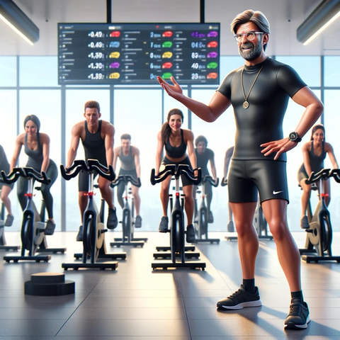 KI-generiertes Symbolbild: Jürgen Klopp als Peloton-Trainer. Am besten ist das Medaillon, das ihm DALL-E verpasst hat