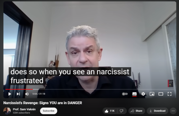 https://www.youtube.com/watch?v=ZGHme5zuJSA
Narcissist's Revenge: Signs YOU are in DANGER

287,520 views  21 Dec 2023  Victims and Victimhood
Frustration is perceived as narcissistic injury or even mortification. It breeds intolerable anxiety and stress which result in decompensation, emotional dysregulation (BPD self-state), and acting out (secondary psychopathic self-state). 

Low frustration threshold and tolerance lead to desperate attempts to eliminate the source via externalized and reckless aggression culminating in violence (coercive snapshotting).  

Narcissist perceives frustration as emanating from the inside. His aggression is actually an attempt to reduce dissonance and anxiety. 

Walking away won’t do the trick because narcissists interact exclusively with internal objects, dehumanizing and objectifying others.

The BPD self-state is impulsive and destructive (temper tantrum). The psychopathic one is cold, premeditated, ruthless, callous, relentless, inhumanly dysempathic. But both of them are fantasy-oriented and involve an impaired reality testing.

Psychopathic state preceded by a covert state: ponderous, brooding, spiteful, passive-aggressive, bitter, determined, evasive, overly polite (pseudo-civility), affected, ostentatiously obedient or caring. Keeps imagining the act. 

Borderline state either sudden (eruptive with calm before the storm) or escalatory.