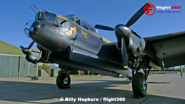 Avro Lancaster NX611 'Just Jane' at the Lincolnshire Aviation Heritage Centre, RAF East Kirkby, UK.