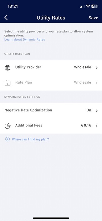 Screenshot of a mobile app interface for setting utility rates, with options to select a utility provider, rate plan, and features like negative rate optimization and additional fees.