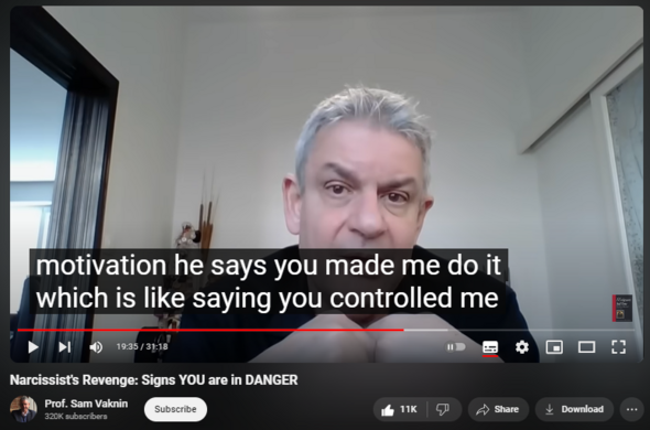 https://www.youtube.com/watch?v=ZGHme5zuJSA
Narcissist's Revenge: Signs YOU are in DANGER
287,520 views  21 Dec 2023  Victims and Victimhood
Frustration is perceived as narcissistic injury or even mortification. It breeds intolerable anxiety and stress which result in decompensation, emotional dysregulation (BPD self-state), and acting out (secondary psychopathic self-state). 

Low frustration threshold and tolerance lead to desperate attempts to eliminate the source via externalized and reckless aggression culminating in violence (coercive snapshotting).  

Narcissist perceives frustration as emanating from the inside. His aggression is actually an attempt to reduce dissonance and anxiety. 

Walking away won’t do the trick because narcissists interact exclusively with internal objects, dehumanizing and objectifying others.