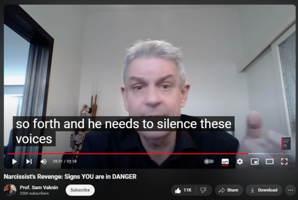 https://www.youtube.com/watch?v=ZGHme5zuJSA
Narcissist's Revenge: Signs YOU are in DANGER

287,520 views  21 Dec 2023  Victims and Victimhood
Frustration is perceived as narcissistic injury or even mortification. It breeds intolerable anxiety and stress which result in decompensation, emotional dysregulation (BPD self-state), and acting out (secondary psychopathic self-state). 

Low frustration threshold and tolerance lead to desperate attempts to eliminate the source via externalized and reckless aggression culminating in violence (coercive snapshotting).  

Narcissist perceives frustration as emanating from the inside. His aggression is actually an attempt to reduce dissonance and anxiety. 

Walking away won’t do the trick because narcissists interact exclusively with internal objects, dehumanizing and objectifying others.